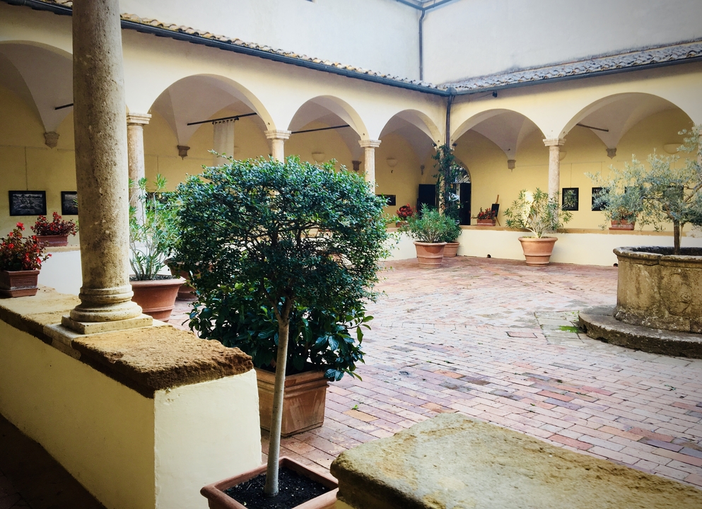 Cloître avec arcs et verdure.
