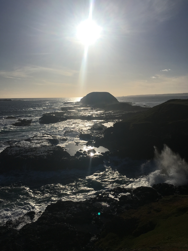 Coastal landscape with rocky shore and glistening ocean.