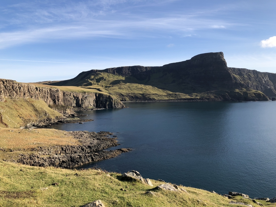 Cliff and sea view with clear skies.