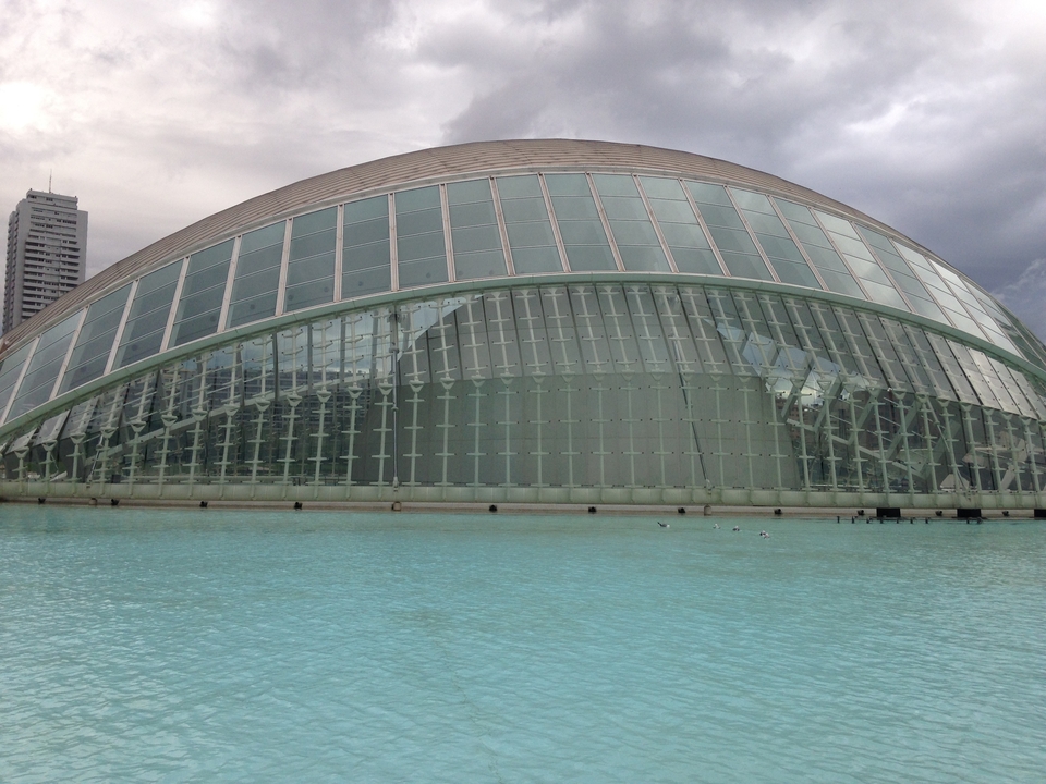Glass dome building in Valencia with water in foreground.