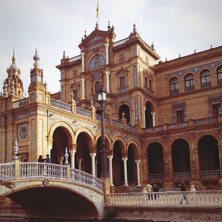 Detailed architecture at Plaza de España in Seville.
