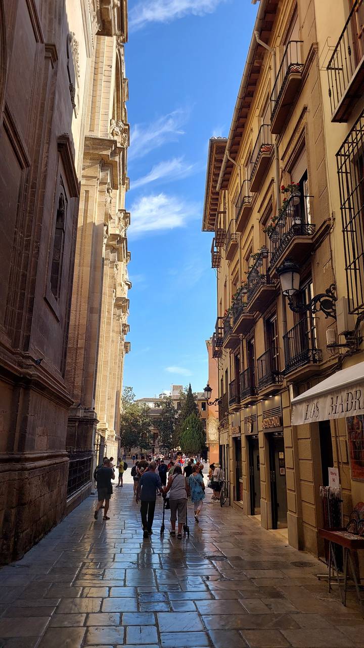 Bustling city street with people and historic buildings.