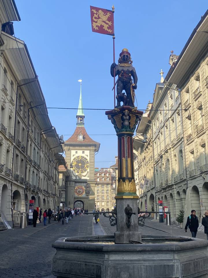 Clock tower and street scene in Bern, Switzerland.