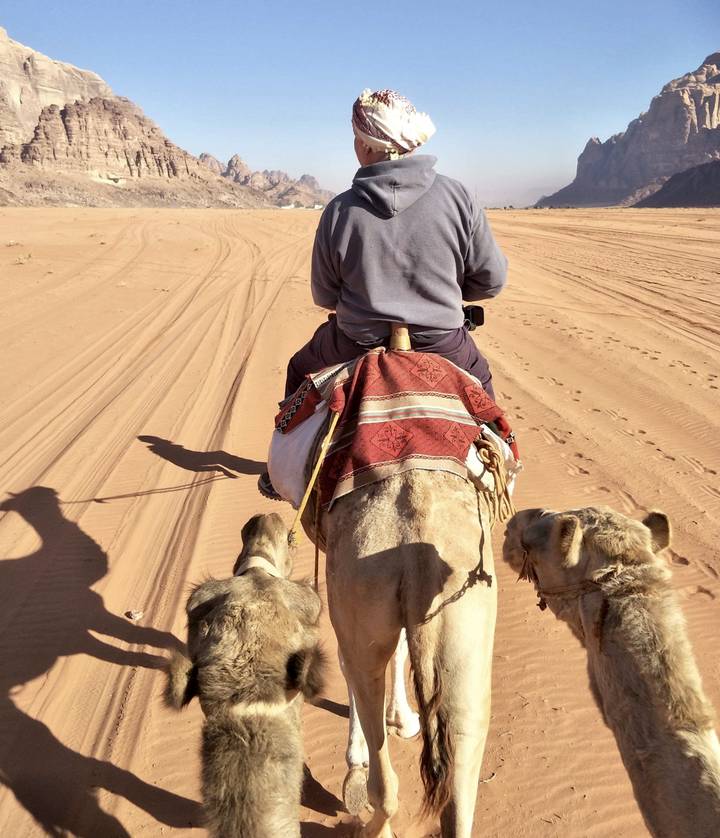 Person riding a camel in a desert setting.