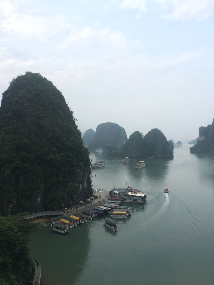 Vue panoramique de plusieurs bateaux au milieu d'îles calcaires.