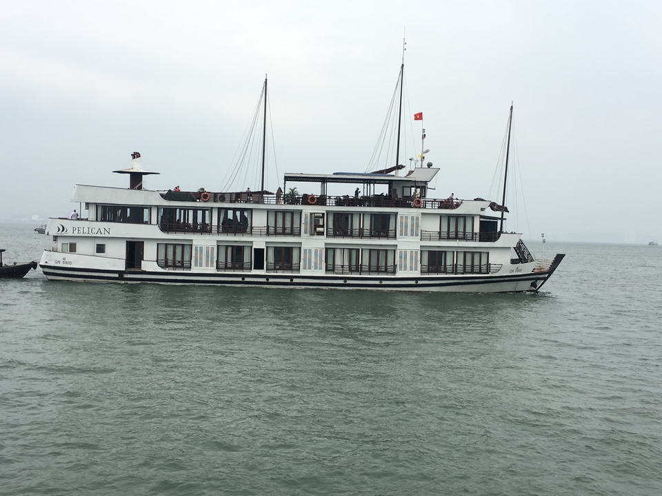 Bateau touristique blanc nommé 'Pelican' sur l'eau.