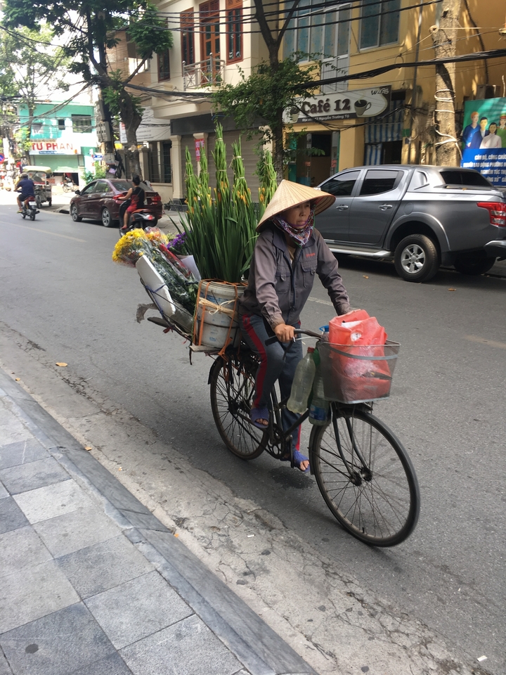 Cycliste avec des fleurs et des marchandises dans une rue animée.
