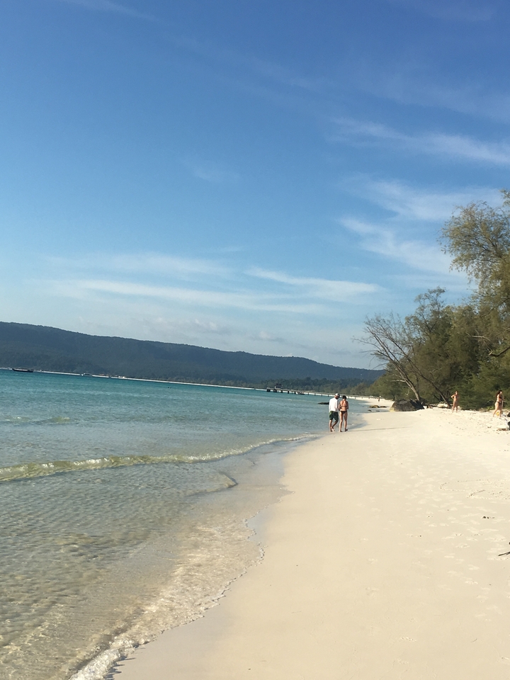 People walking on a sandy beach with clear blue water.
