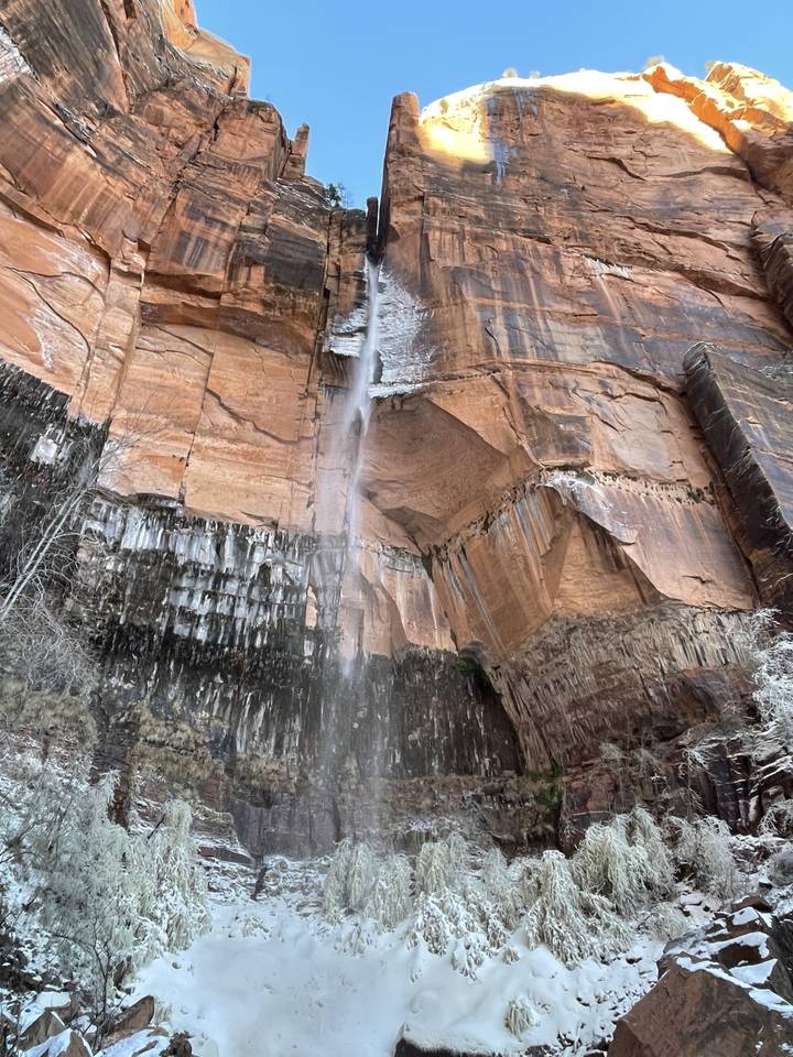 Waterfall over a cliff with snow and ice.