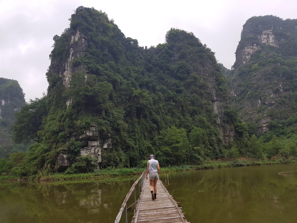 Person walking across a bridge in a lush landscape.