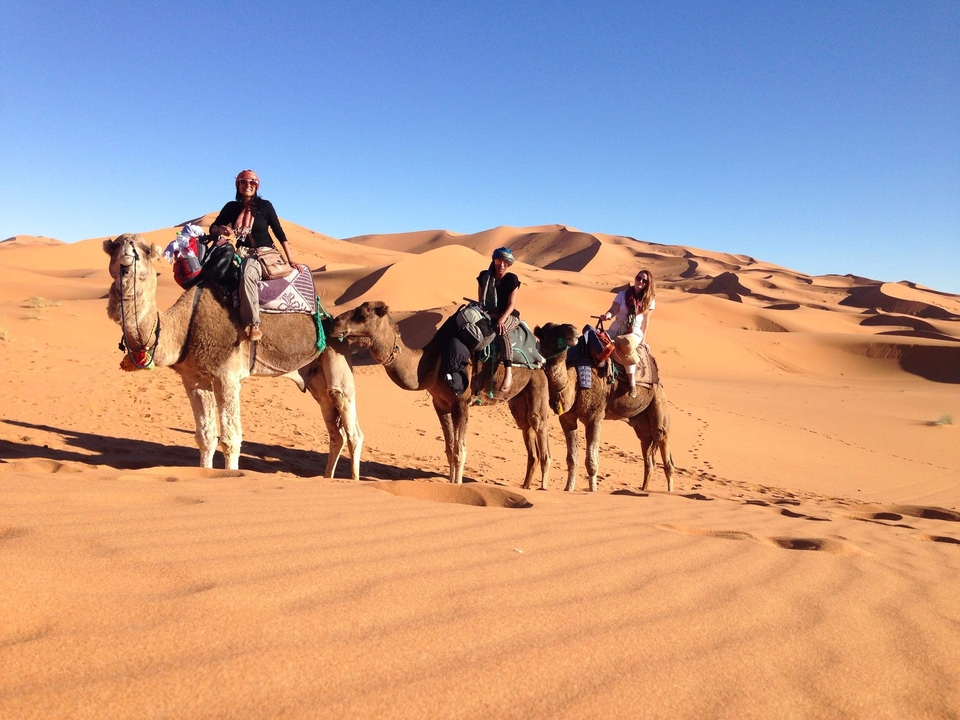 A group riding camels in the desert.