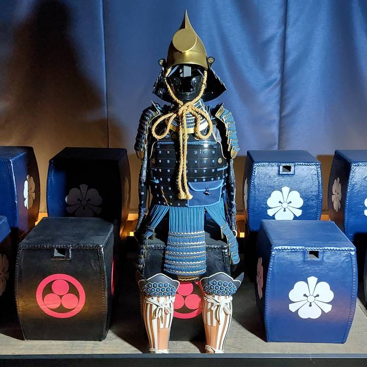 Samurai armor displayed in a museum.