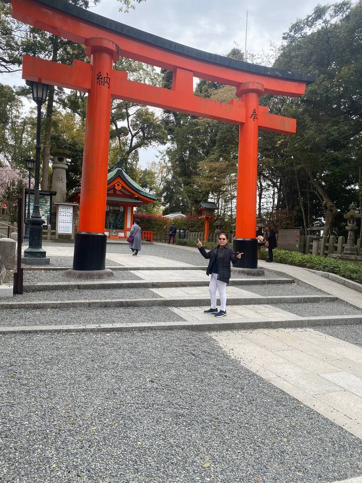 Person standing under a bright red torii gate.