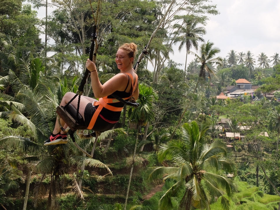 Person on a large swing over lush greenery.