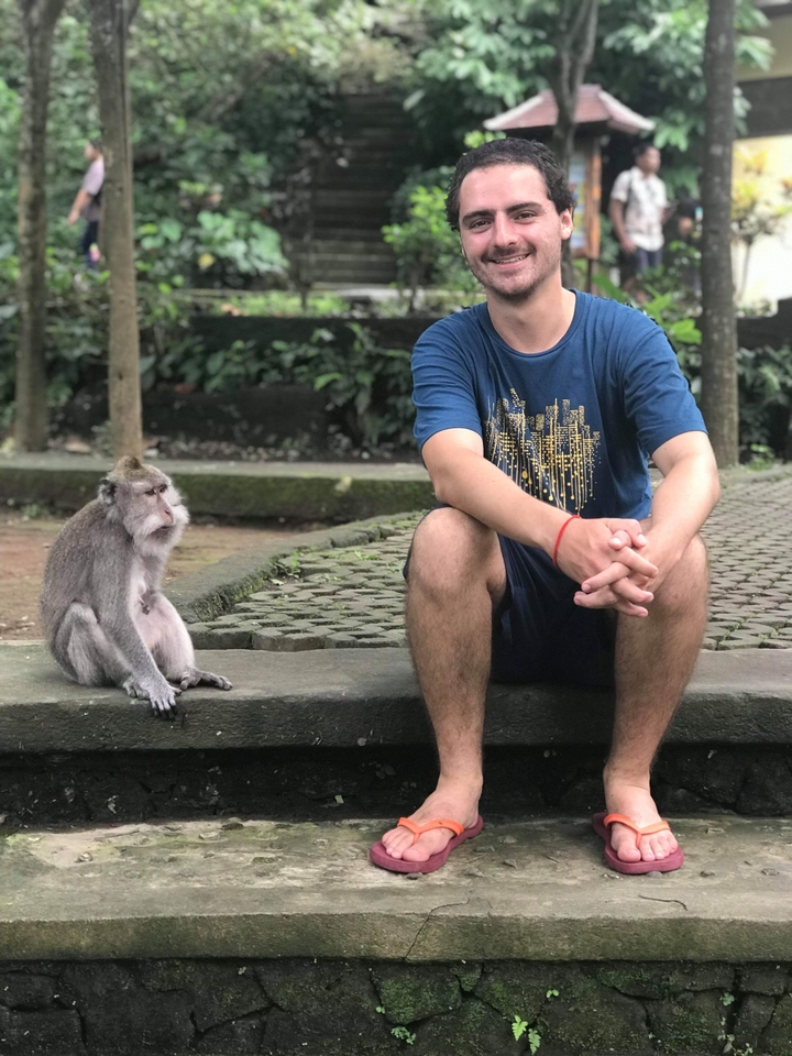 Person sitting with a monkey nearby.