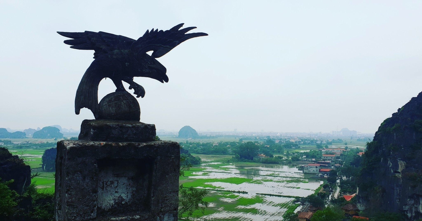 Statue of an eagle overlooking rice fields.