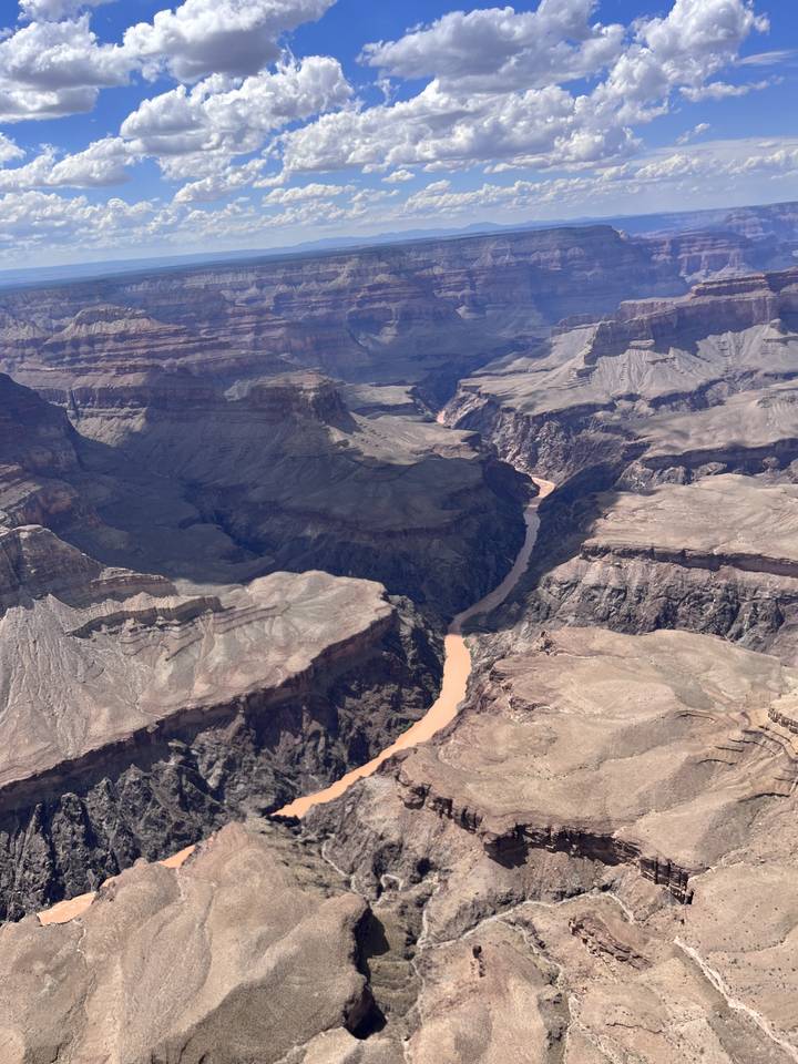 Aerial view of a river snaking through a canyon