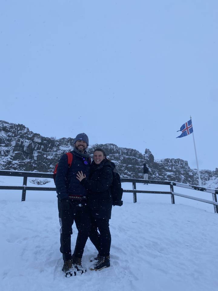Couple posing in a snowy landscape