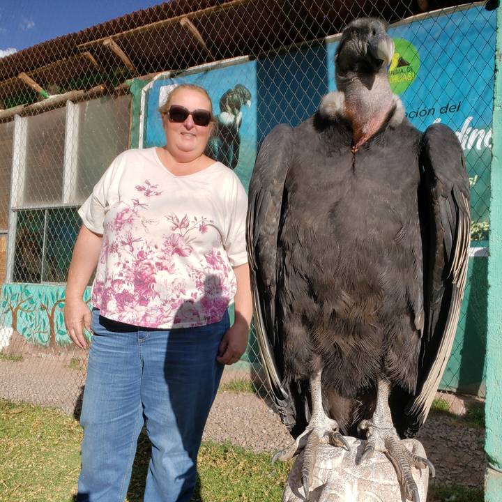 Woman posing next to a large bird.