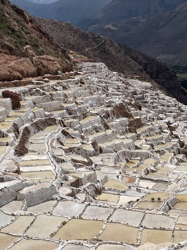 Terraced salt mines in a mountainous area.