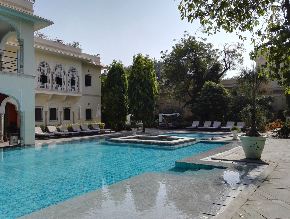 Luxurious poolside area in a well-maintained garden setting.