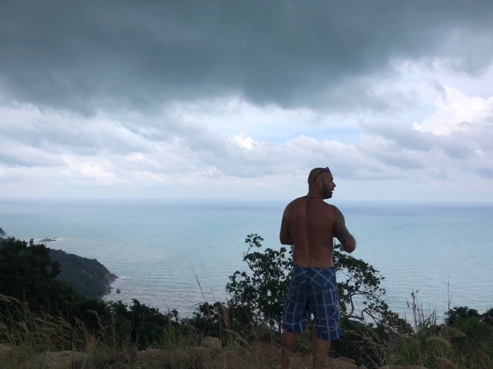 Person overlooking a scenic coastal view with cloudy skies.