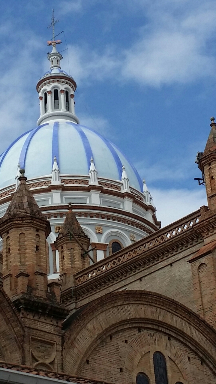 Close-up of church domes with blue and white decoration.