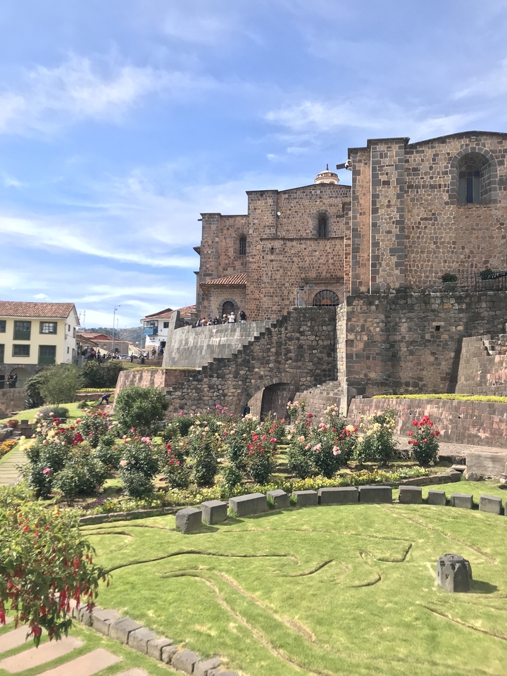 A historic site with gardens; possibly Qorikancha in Cusco.