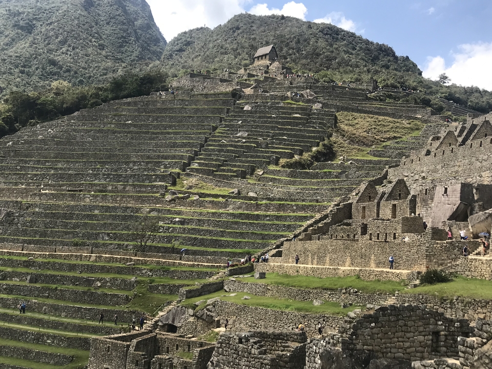 Terraced fields of Machu Picchu with mountains.