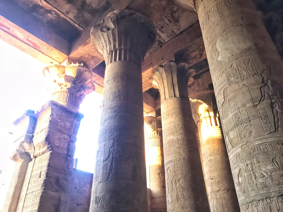 Intricately carved ancient columns with hieroglyphs in sunlight.