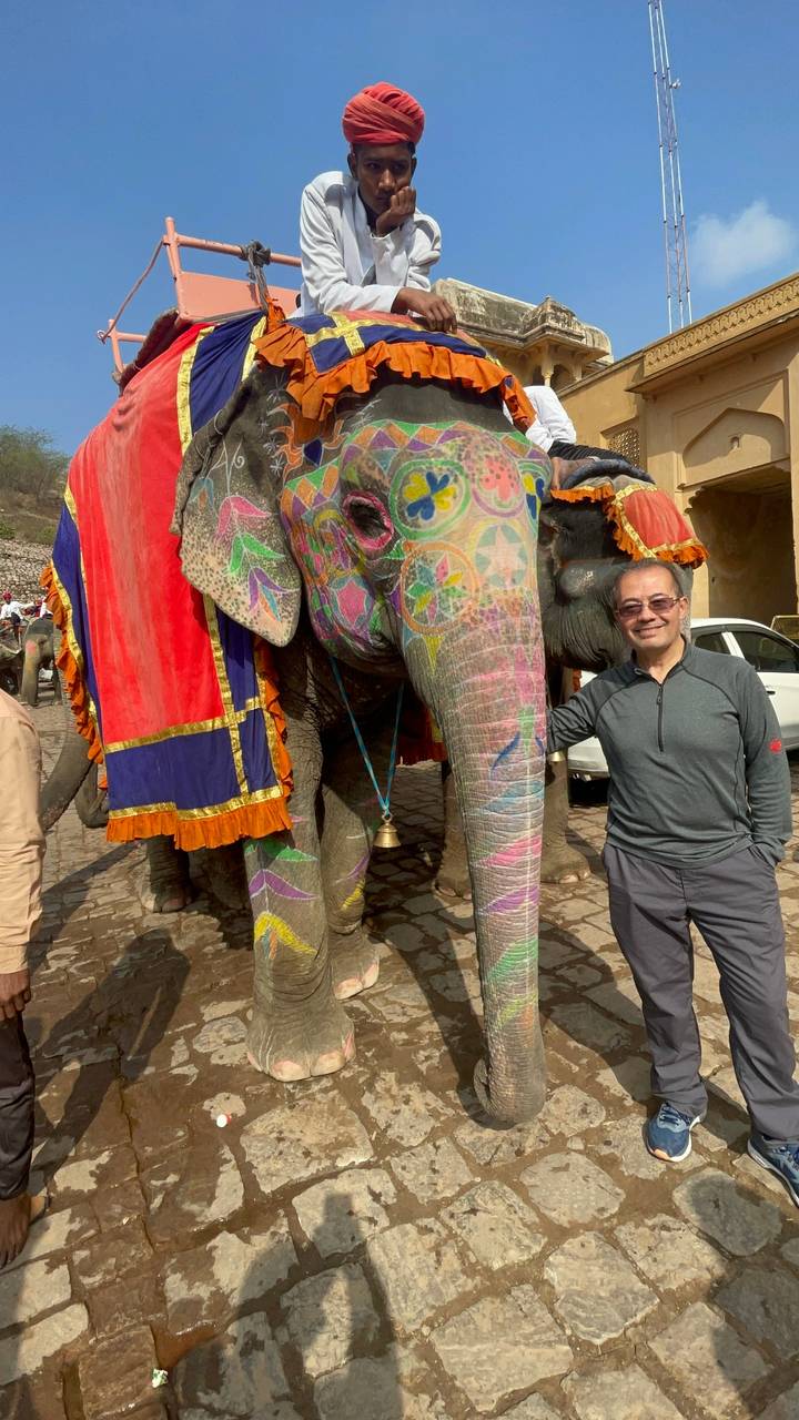 Elephant painted with colorful designs and man beside it.