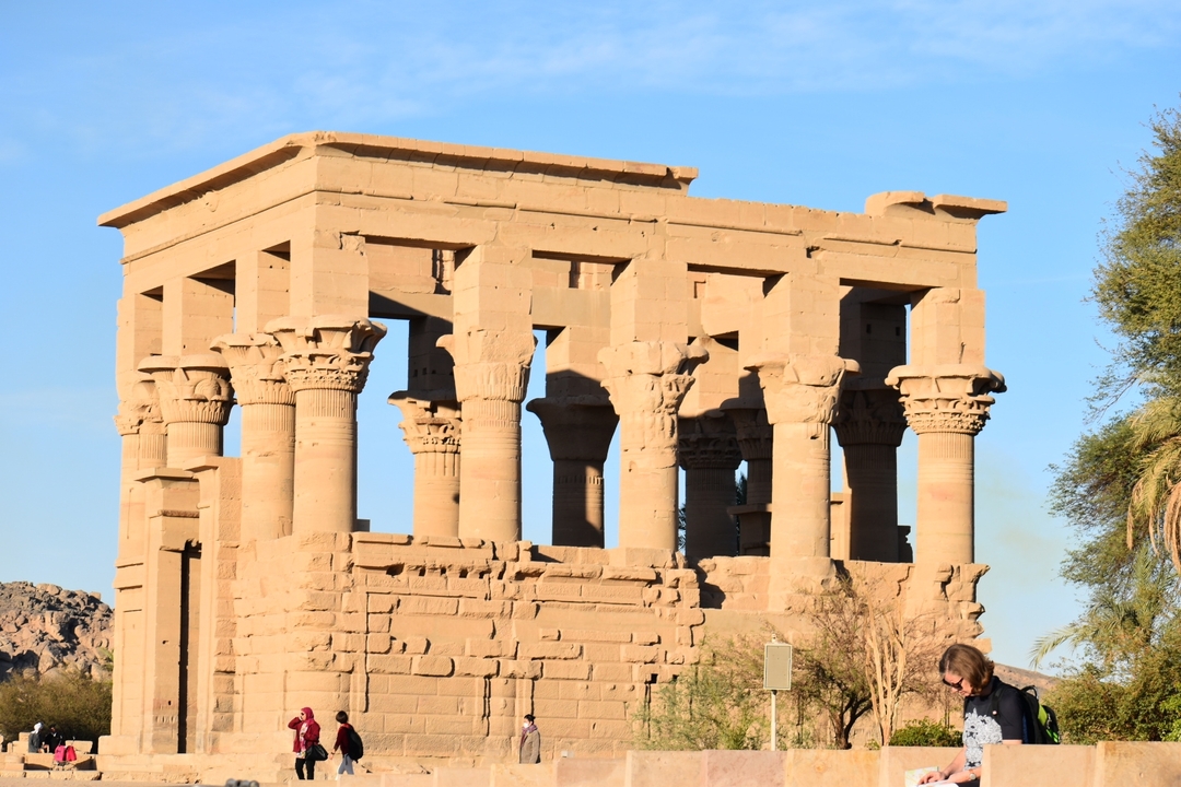 View of a temple with distinct columns.
