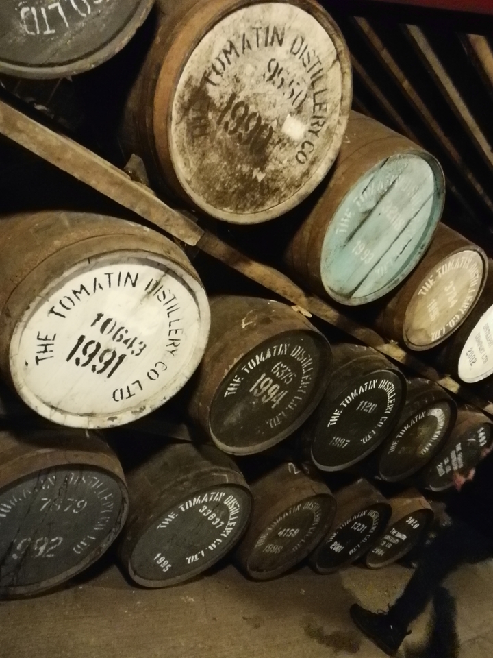 Whisky barrels in a distillery.