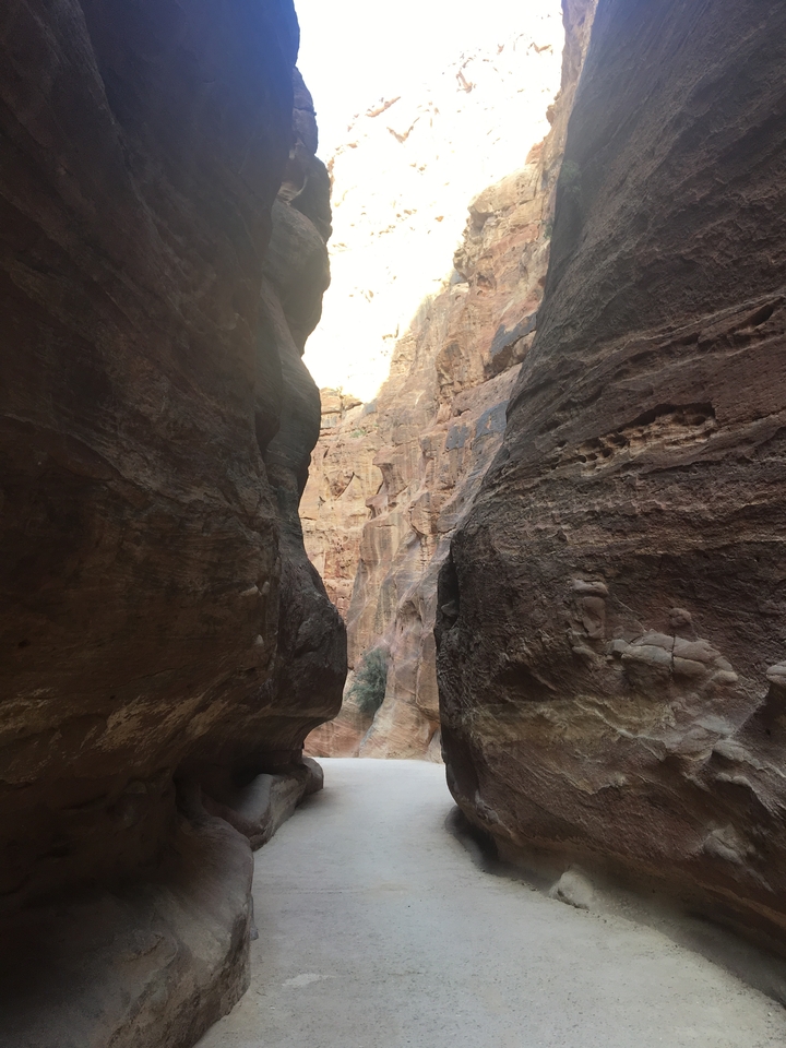 Sentier étroit de canyon aux parois rocheuses imposantes.
