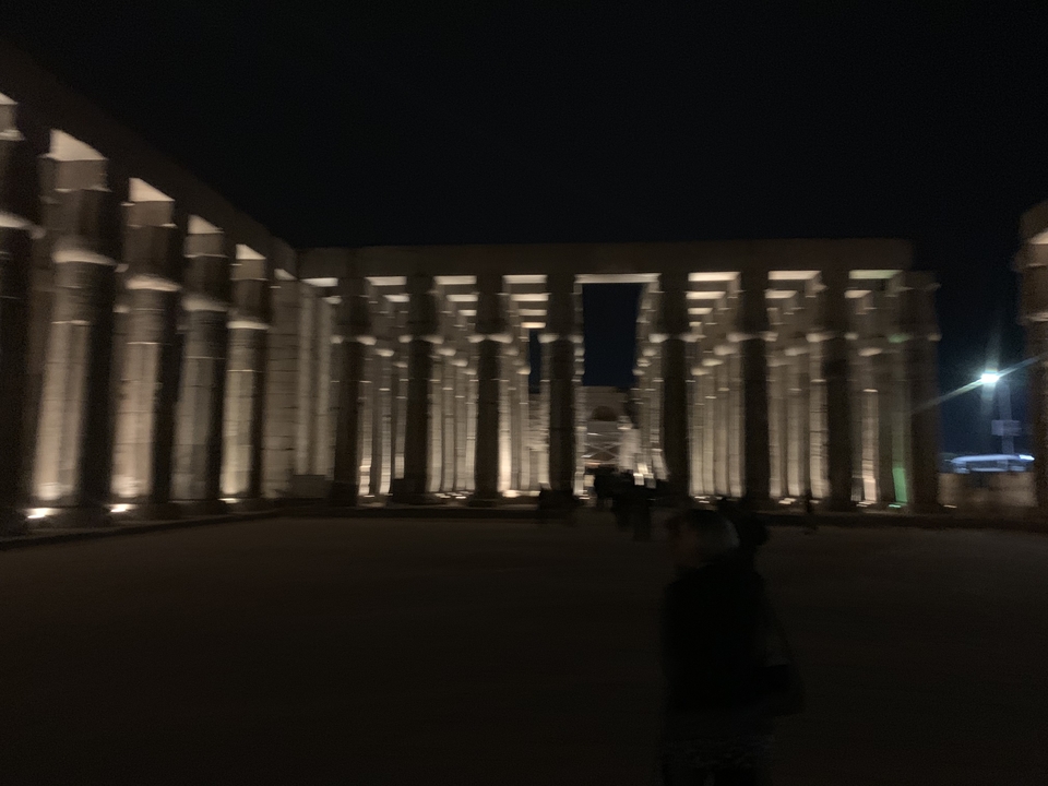 Night view of an ancient columned building.