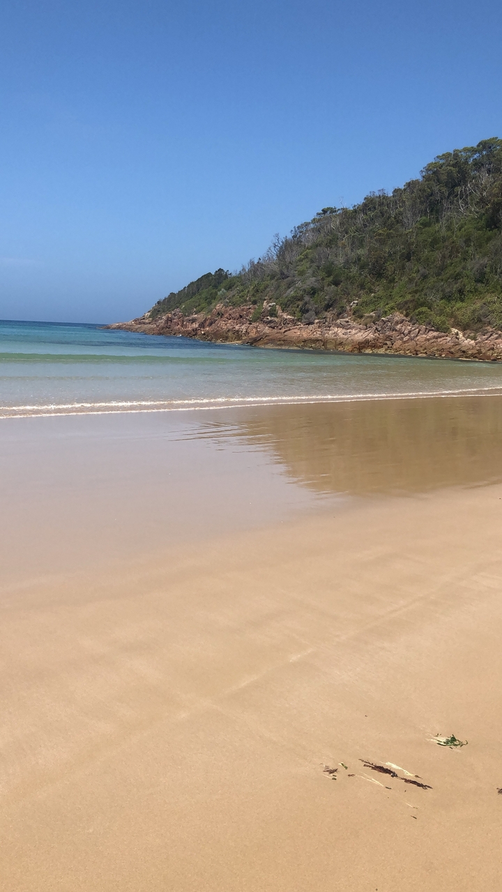 Serene sandy beach with clear water and gentle waves.