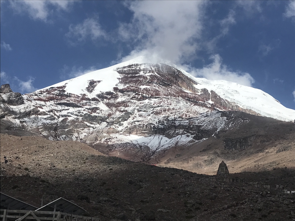 The Chimborazo Volcano with a snow-capped peak and rugged terrain.