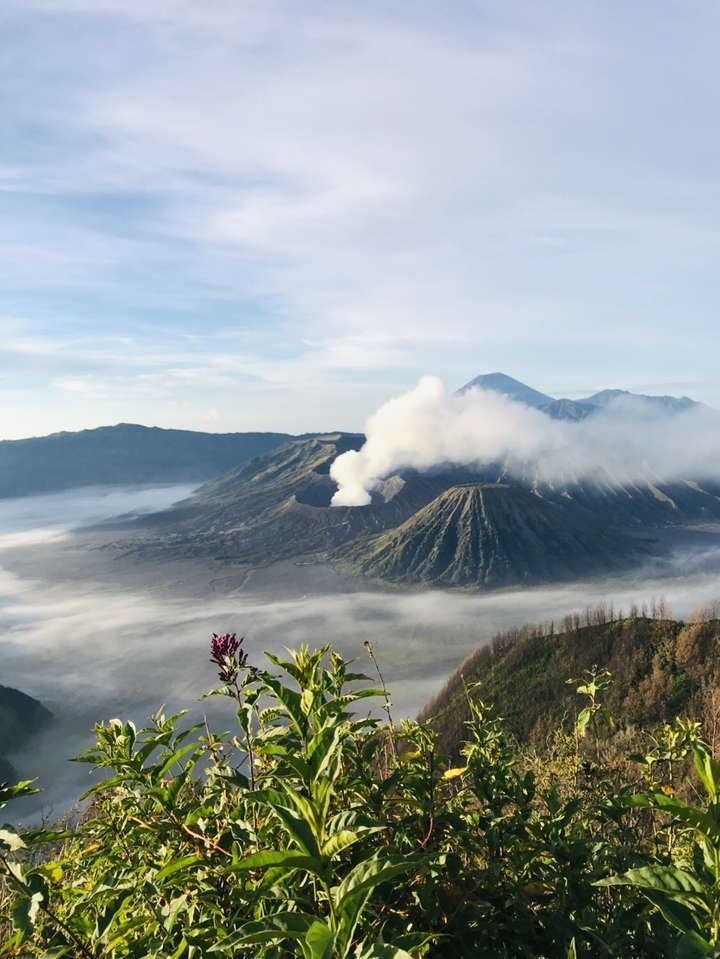 Dramatic view of Mount Bromo with smoke under a clear sky.