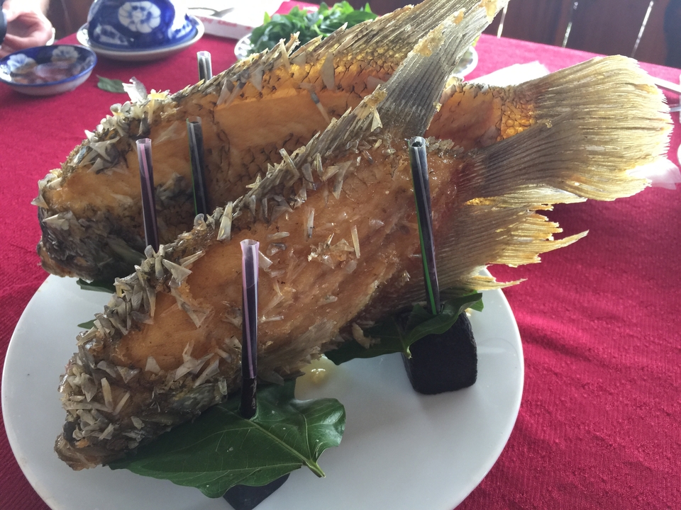 Deux poissons frits sur une assiette servis comme plat.
