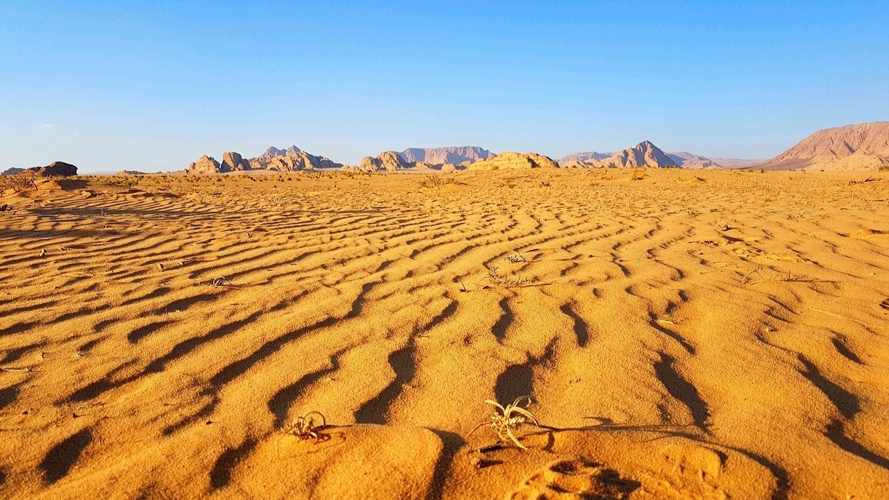Desert landscape with rippled sand and distant mountains.