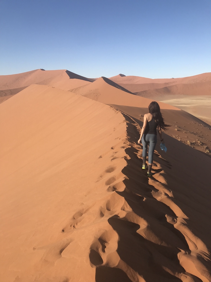 Person walking along the crest of a dune in the desert.