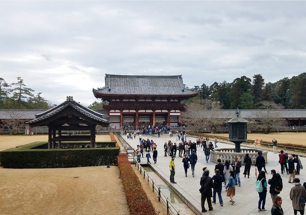 Temple courtyard with people walking around.