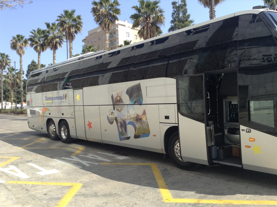 Large tour bus parked in a street area with palm trees.