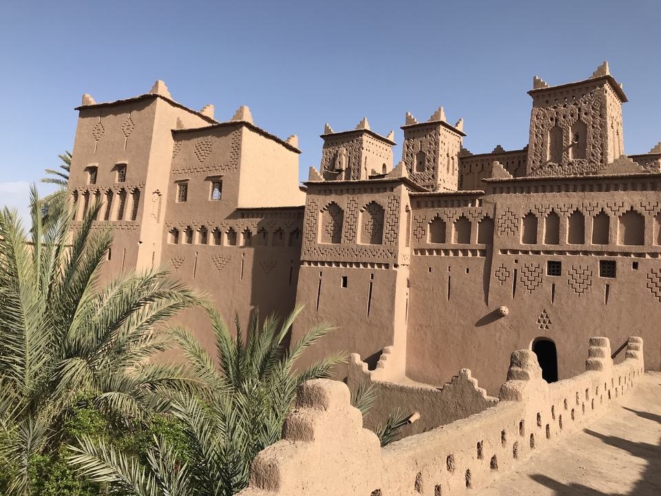 Clay fortress with palm trees in the desert.