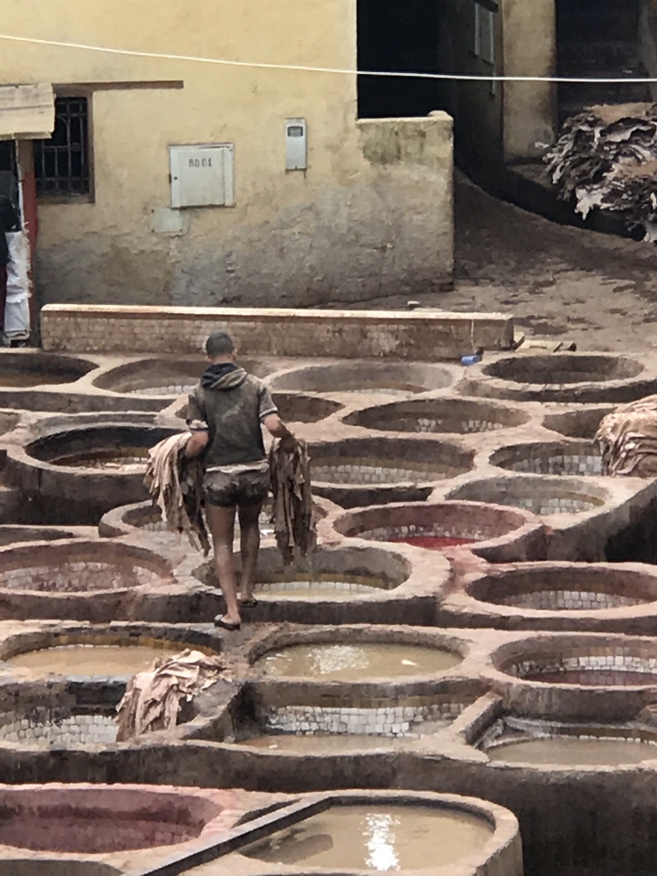 Man carrying hides in traditional tanning pits.