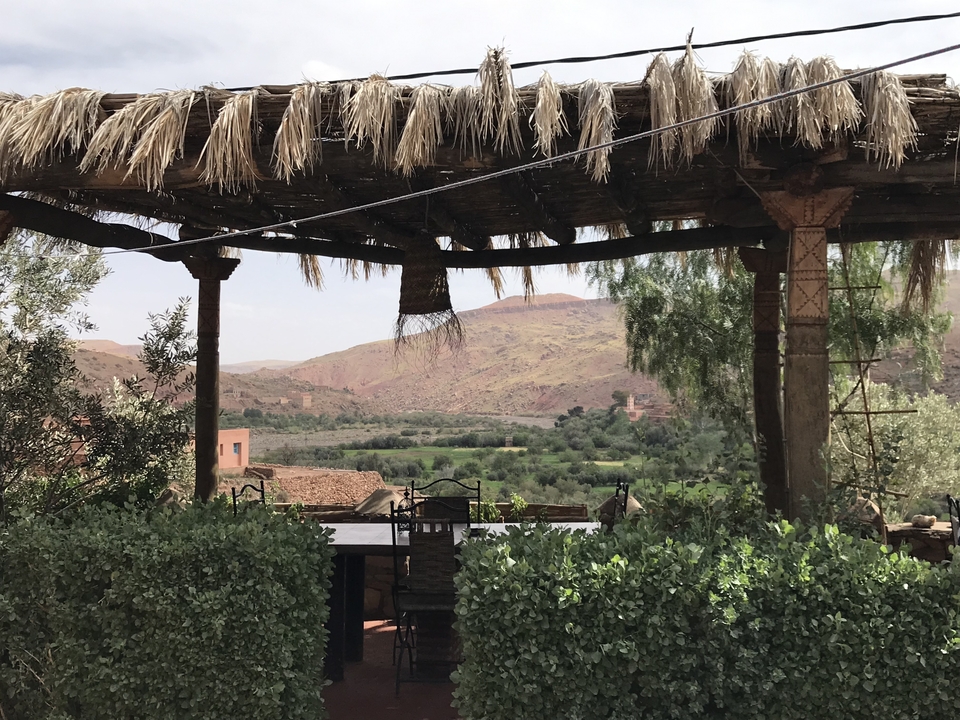 Scenic view of a terrace with mountains in the background.