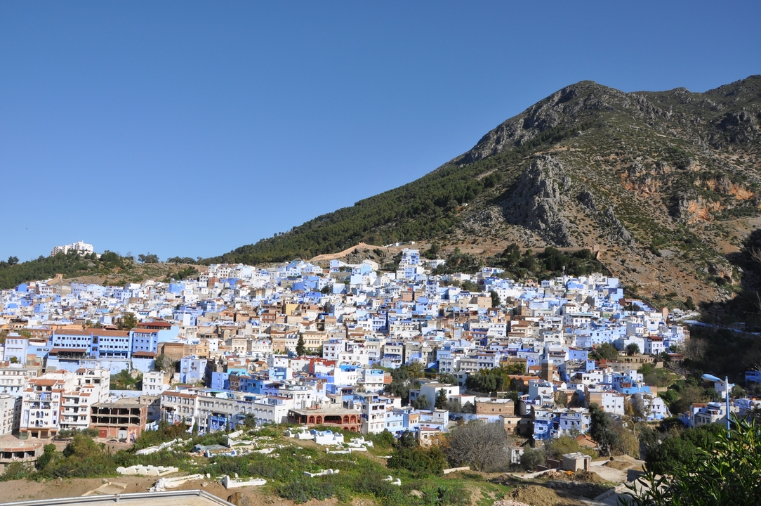 Cityscape with blue-painted buildings against a mountain