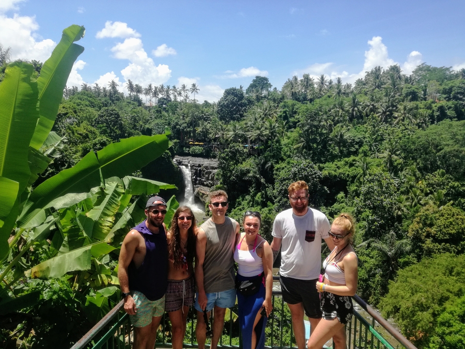 Group of people posing in front of a waterfall.