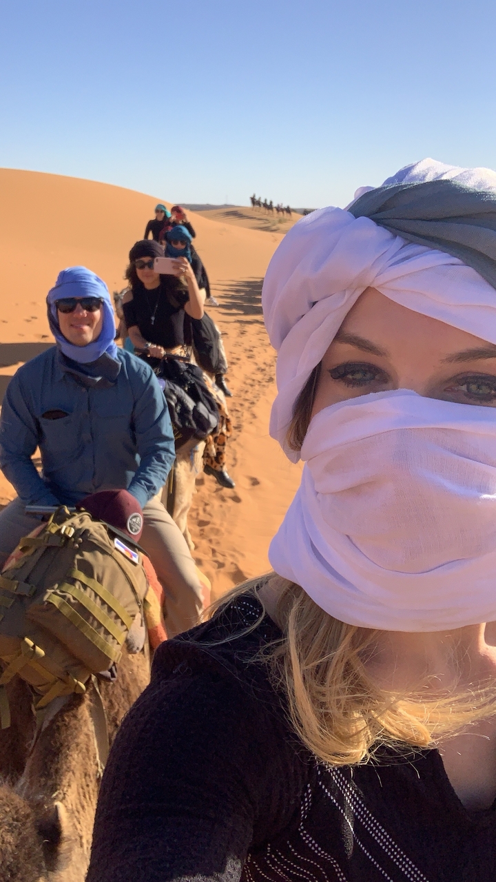 Close-up of people wearing headscarves on camelback