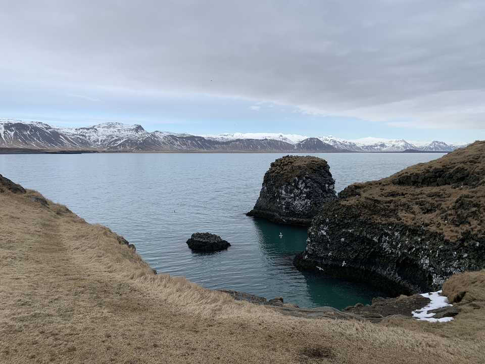 Kustklif met oceaan en verre besneeuwde bergen.